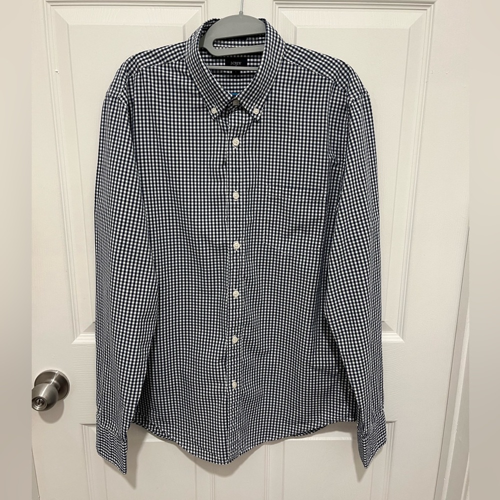 J. Crew Mens  Shirt Blue & White Check Cotton Long Sleeve Collared Size L